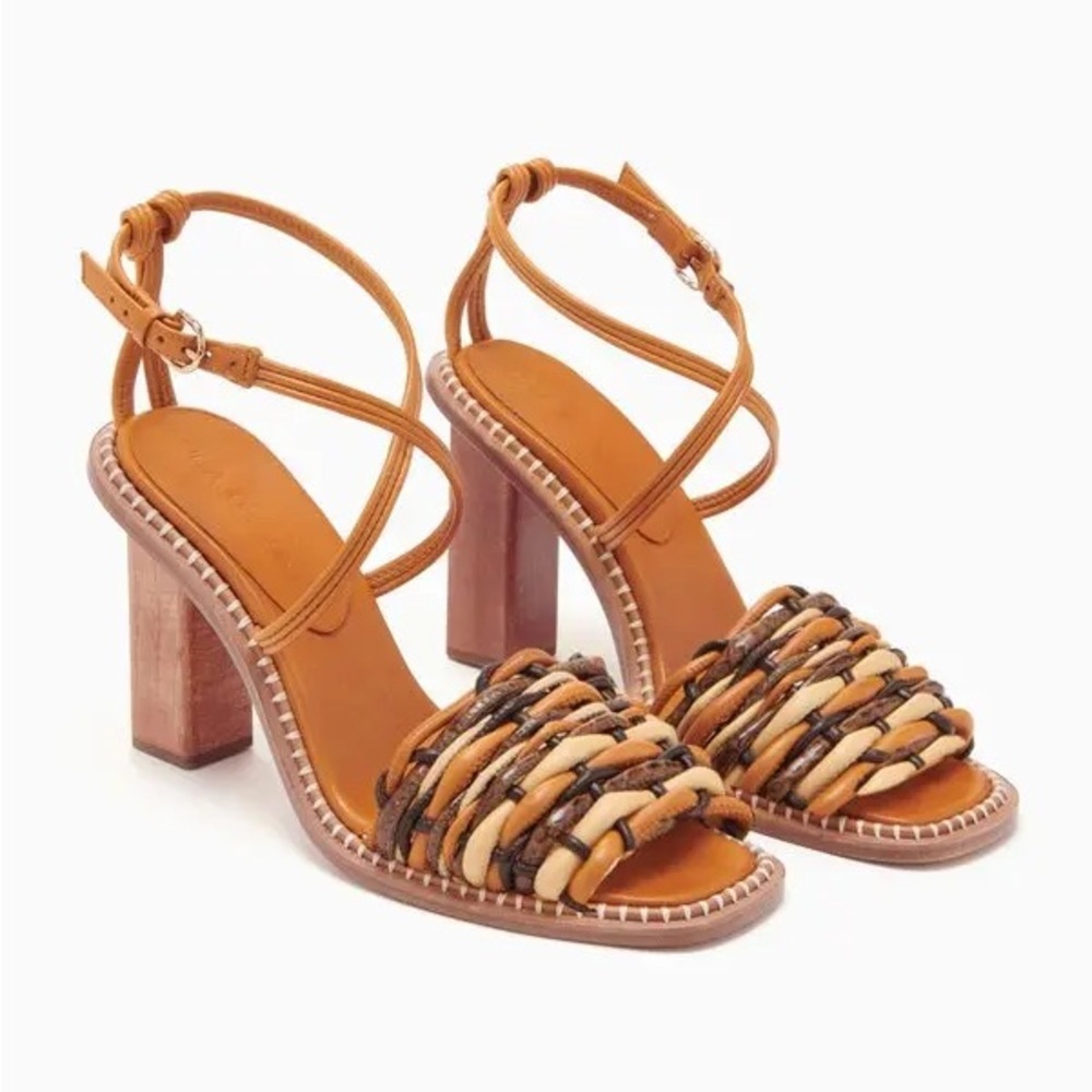 ULLA JOHNSON 2” Malia Woven High Heels Stylish Tan and Brown Women's Sandals​​